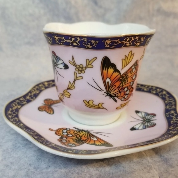 VINTAGE CC &T Mini Cup Saucer Set of 6, Multi-Color Butterfly Wings Handle New - Picture 4 of 10
